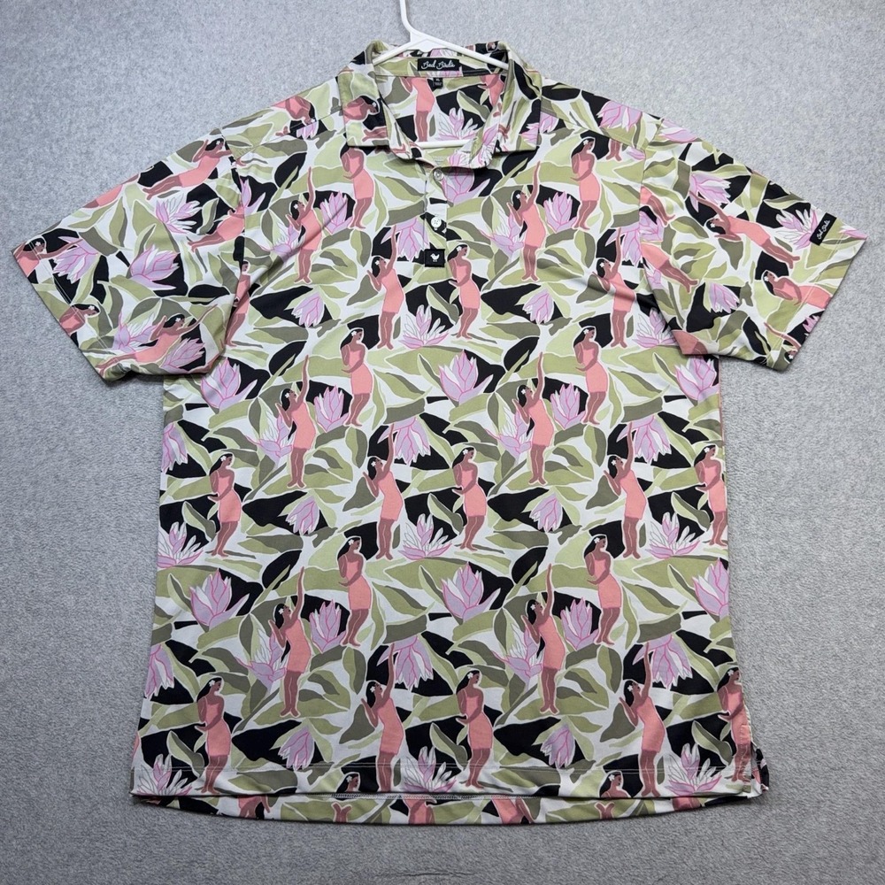 Bad Birdie Polo Shirt Mens XL Green Pink Tropical Hula Girl Golf Performance